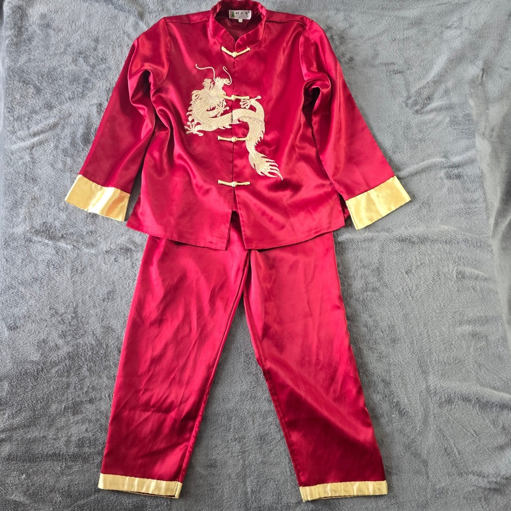 Vintage Chinese Dragon Embroidered Satin Pajama Set Red Gold 2pc Lounge Set L